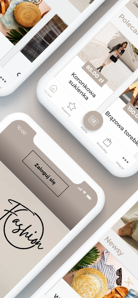 PeP - Fashion - Interface of the PeP Fashion mobile app showing product catalog coupons and login screen