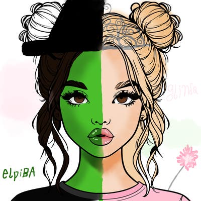 realistic girl with two buns in hair and lips