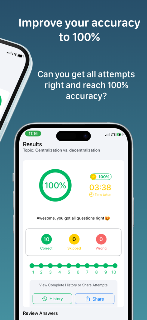 Business Administration - A screenshot of the Business Administration app quiz results screen showing a score of 100 percent accuracy.