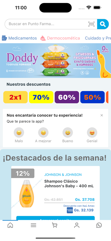 Pantalla de inicio de la aplicación PuntoFarma que muestra banners promocionales y descuentos en productos