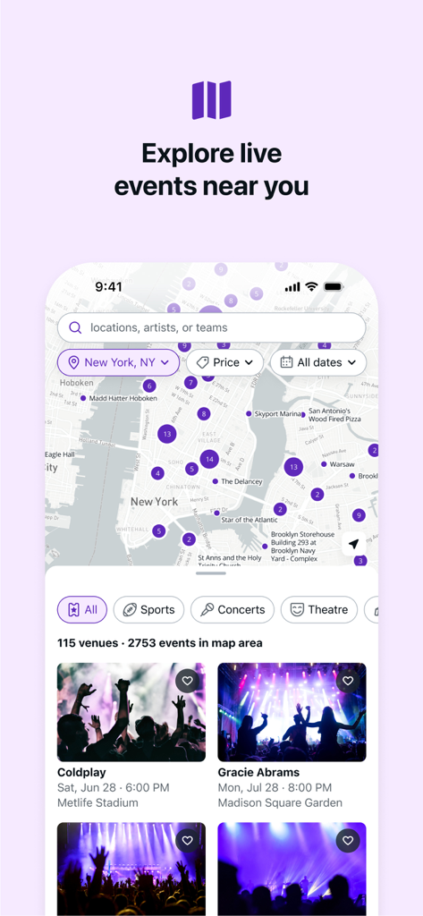 StubHub: Event Tickets - StubHubモバイルアプリのインターフェイスに、ニューヨーク市でのライブイベントのマップと、コンサートやスポーツのチケットリスティングが表示されています