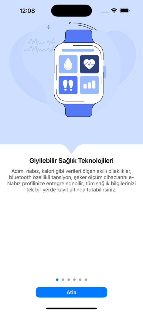 Bildschirm zur Integration von Smartwatches in der e-Nabiz-App zur Verfolgung von Gesundheitsdaten