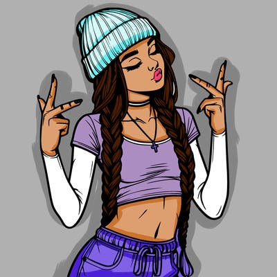 realistic teenage girl with braids and a beanie and crop top doing 🫶🏼