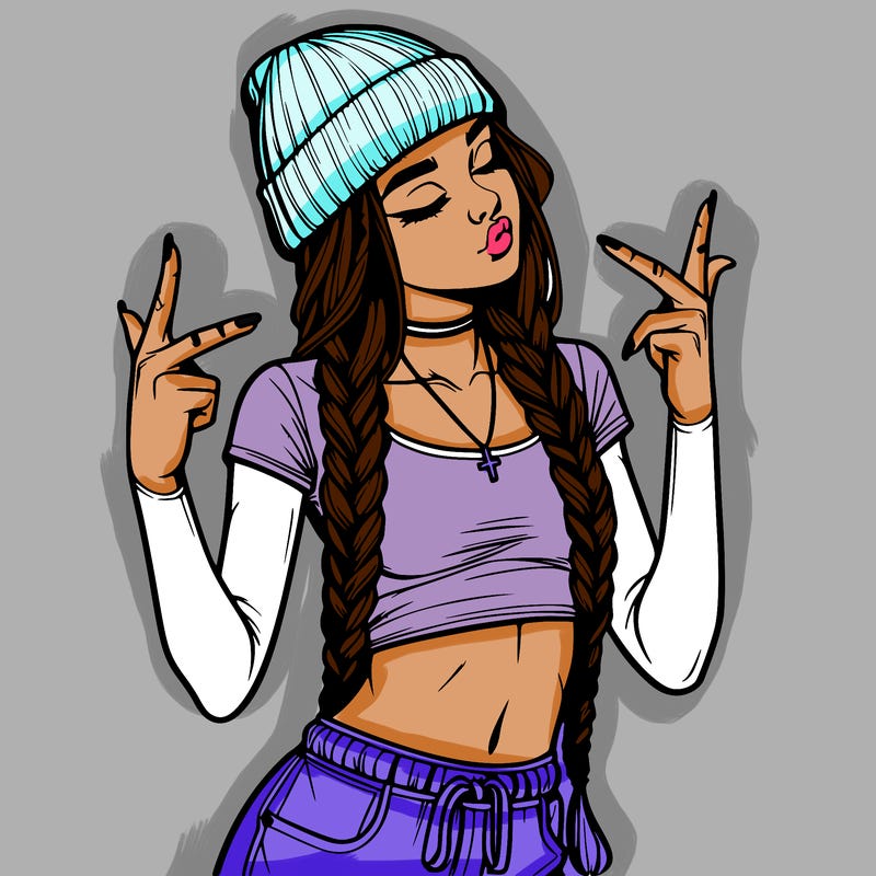 realistic teenage girl with braids and a beanie and crop top doing 🫶🏼