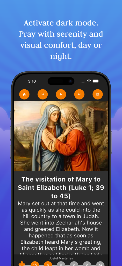 Smartphone screen displaying The Holy Rosary app in dark mode with a prayer mystery and religious painting.