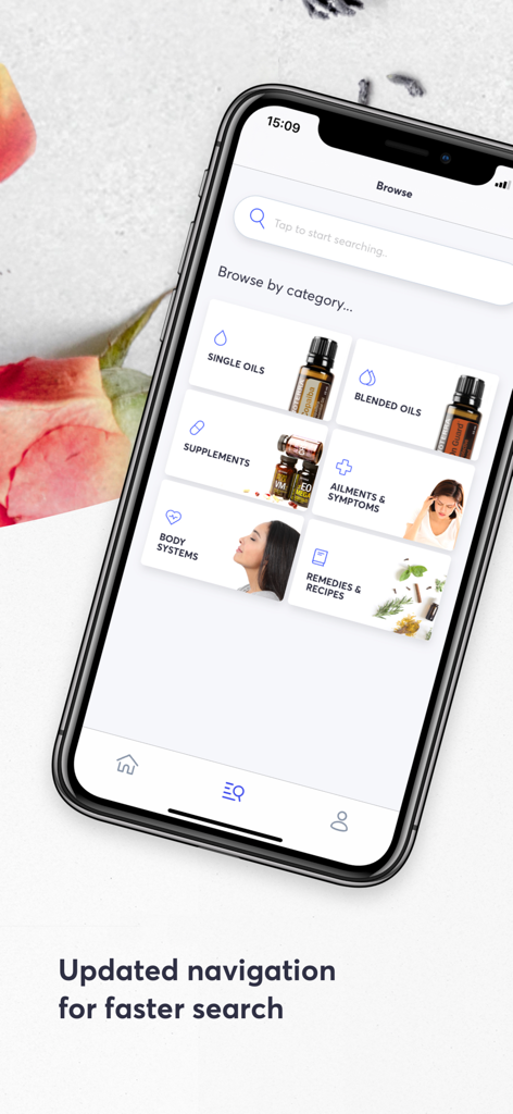The Essential Life - Oil Guide - Browse screen of the Essential Life app showing categories for single oils blended oils and remedies