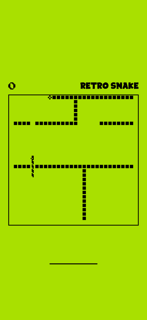 Jogabilidade clássica em pixel art do Retro Snake com obstáculos em um fundo verde vibrante.