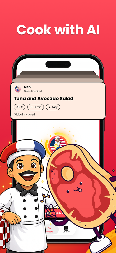 AI Recipes: Cook Ingredients - AI가 생성한 참치 아보카도 샐러드 레시피와 만화 셰프 마스코트가 표시된 스마트폰 화면