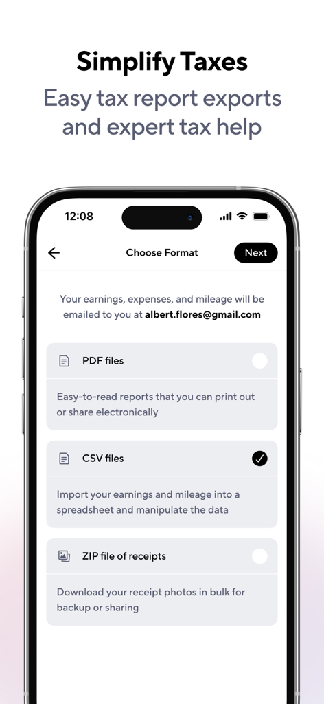 Interface of the Gridwise app showing options to export tax reports as PDF, CSV, or ZIP files.