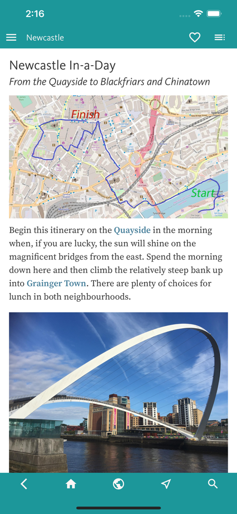 Reiseroute Newcastle in einem Tag des Newcastle Travel Guide, die eine Spaziergangskarte und die Millennium Bridge zeigt.