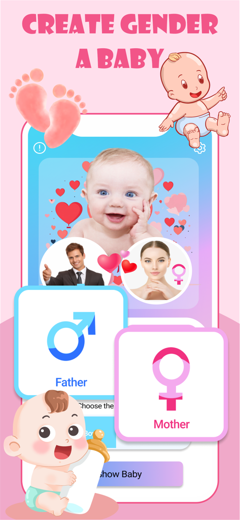 AI Baby Generator: Face Makerㅤ - Interface of the AI Baby Generator app showing options to select father and mother photos to predict a baby face