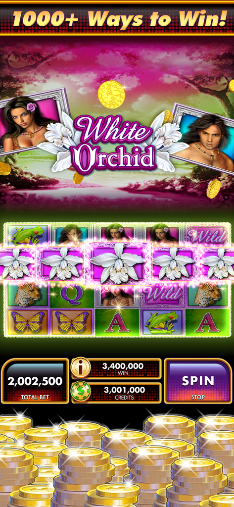 Slots DoubleDown Fort Knox - Interfaz de la máquina tragamonedas White Orchid en la aplicación Slots DoubleDown Fort Knox con 1000 formas de ganar y pilas de monedas de oro.