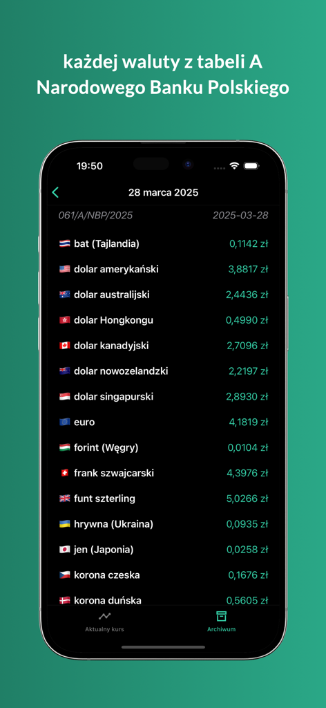 Pantalla de la aplicación móvil que muestra una lista de los tipos de cambio oficiales del NBP para divisas mundiales