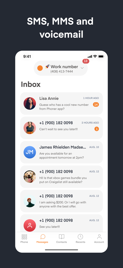 Interface of the Phoner app displaying an inbox with various SMS and MMS messages for a secondary phone line
