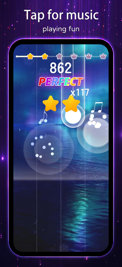 Magic Music Tiles-Piano Game - A screenshot of Magic Music Tiles gameplay featuring a high score and a dreamy water landscape background.