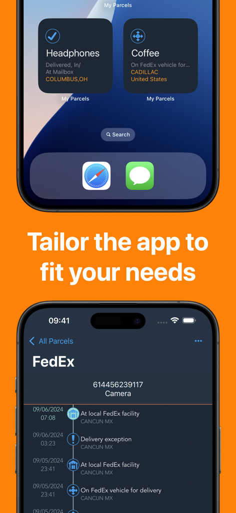 Find My Parcels - Find My Parcels app screenshots showing home screen tracking widgets and a detailed FedEx delivery timeline.