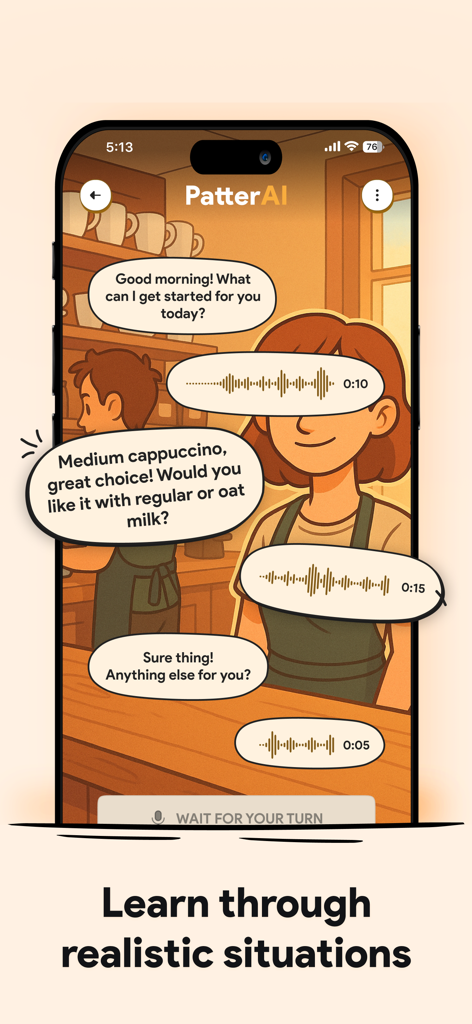 Communication Skills: PatterAI - PatterAI mobile app interface showing a realistic coffee shop conversation simulation for practicing communication skills.