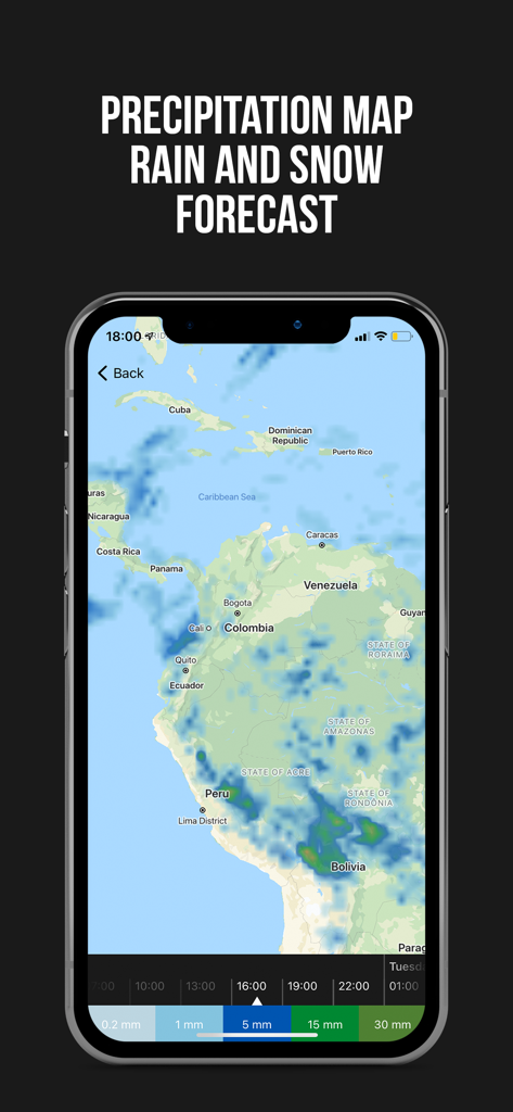 Écran de l'application MeMeteo montrant une carte de précipitations en temps réel pour les prévisions de pluie et de neige