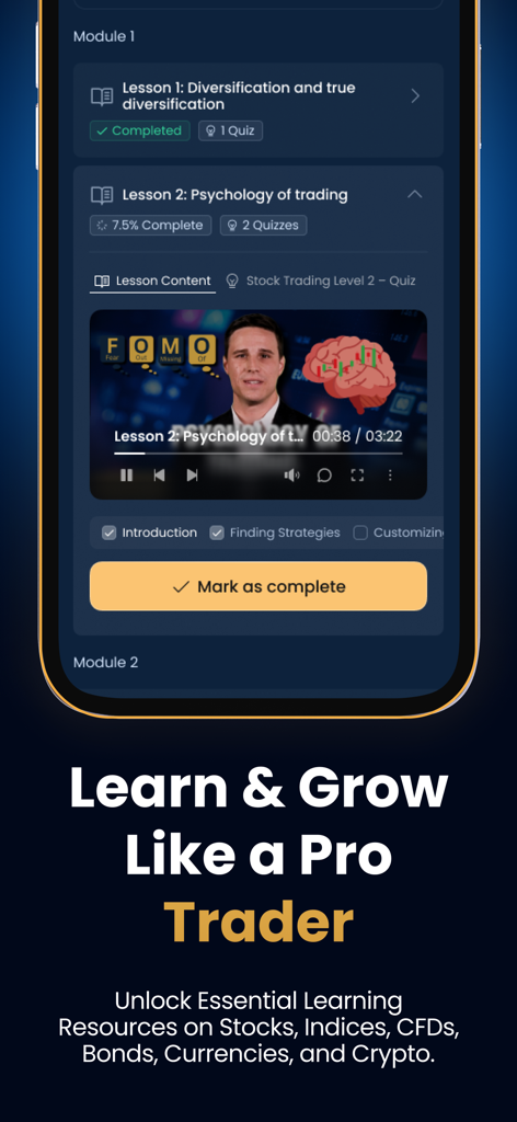 iYurek - iYurek app interface showing a trading psychology lesson and educational modules for professional traders.