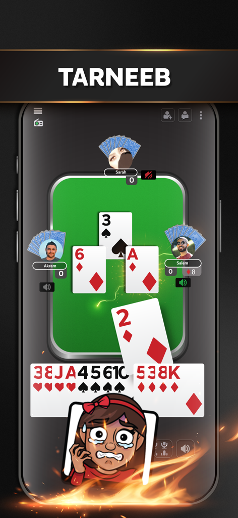 Jawaker: Games & Friends - A multiplayer session of the Tarneeb card game on Jawaker featuring player avatars and interactive emotes.