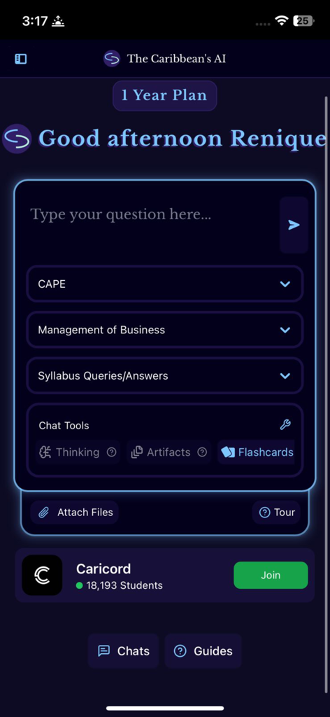 The Caribbean's AI - Panel principal de estudio de la aplicación móvil The Caribbean AI con opciones de preparación para el examen CAPE