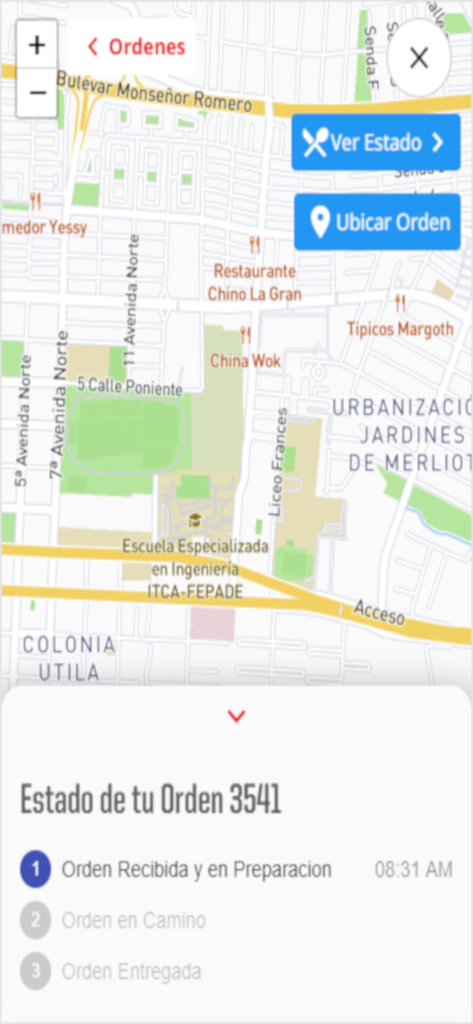 Real time order tracking map and delivery status in the Pizza Hut El Salvador app