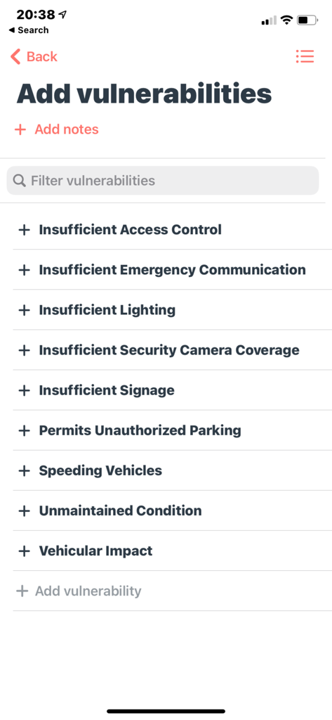 EasySet - Security Templates - A list of physical security vulnerabilities such as insufficient lighting and access control in the EasySet app