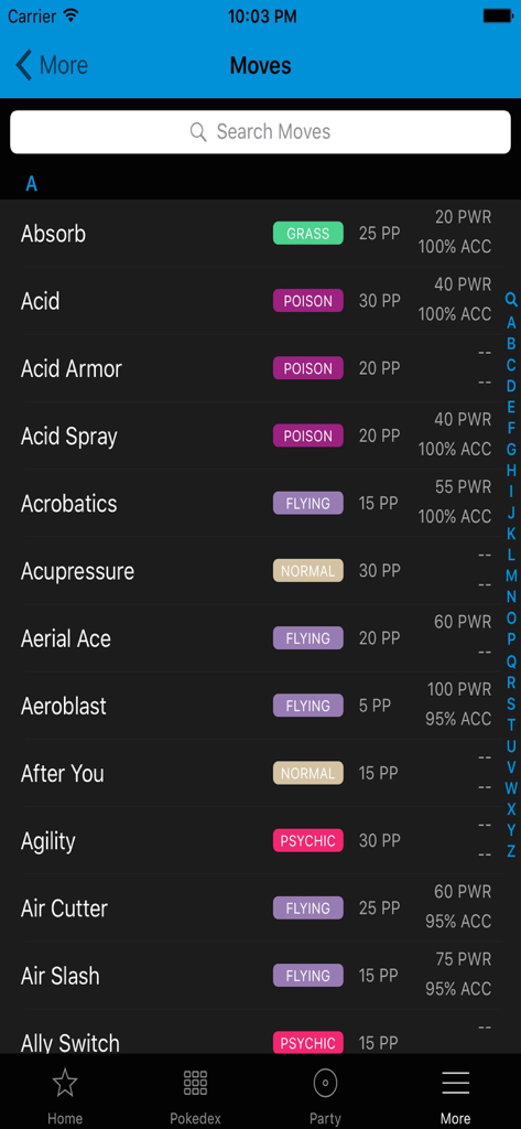 Oak Dex Team Builder Guides - A list of pokemon moves in the Oak Dex app displaying move types power and accuracy
