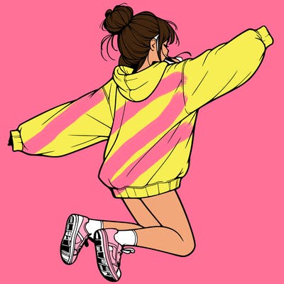 realistic girl jumping with a bun and oversized sweatshirt
