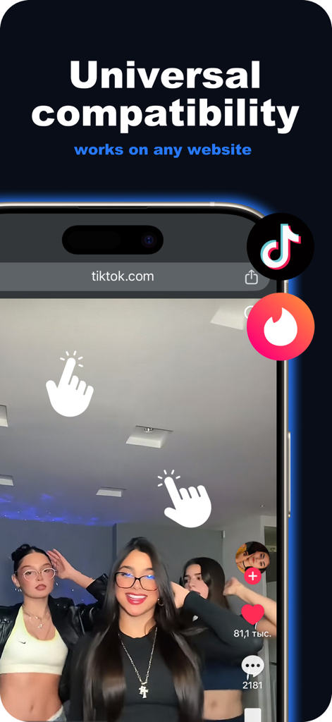 Autoclicker: Best Tap tools - Exibição de smartphone mostrando compatibilidade universal da ferramenta autoclicker para vários sites móveis