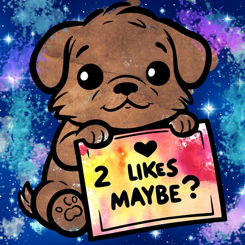 a puppy holding a sign that says 2 likes maybe?
