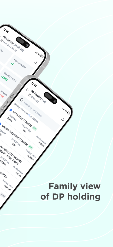 MyGeojit - MyGeojit mobile app interface showing family DP holdings and equity profit and loss reports