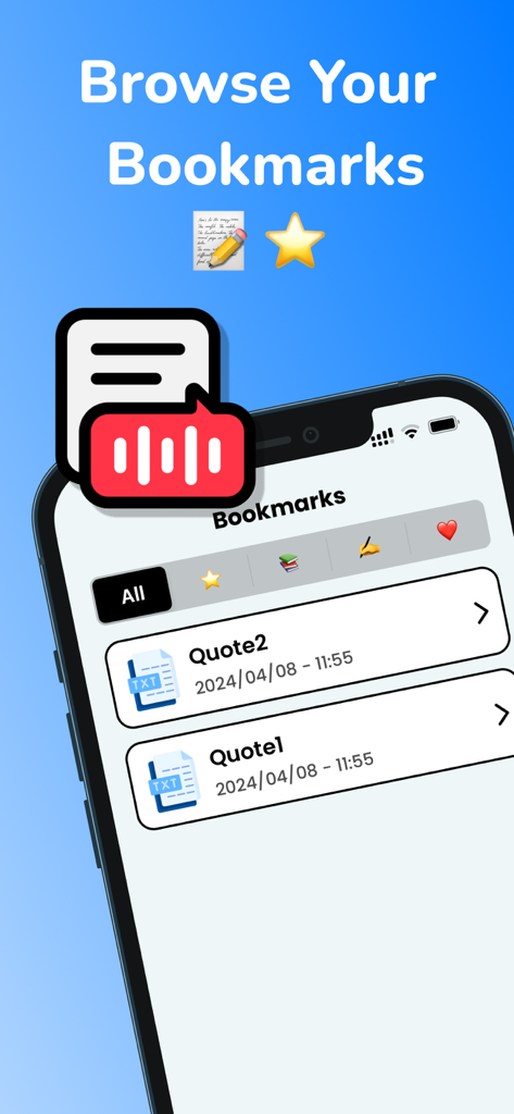 Voice Aloud Reader TTS reader - Interface of a text to speech app showing a list of bookmarked text quotes