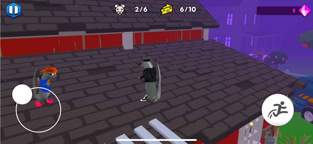 Rat Dance: Escape from Memes - Dos personajes de rata estilizados con trajes únicos parados en un tejado en un juego móvil 3D.