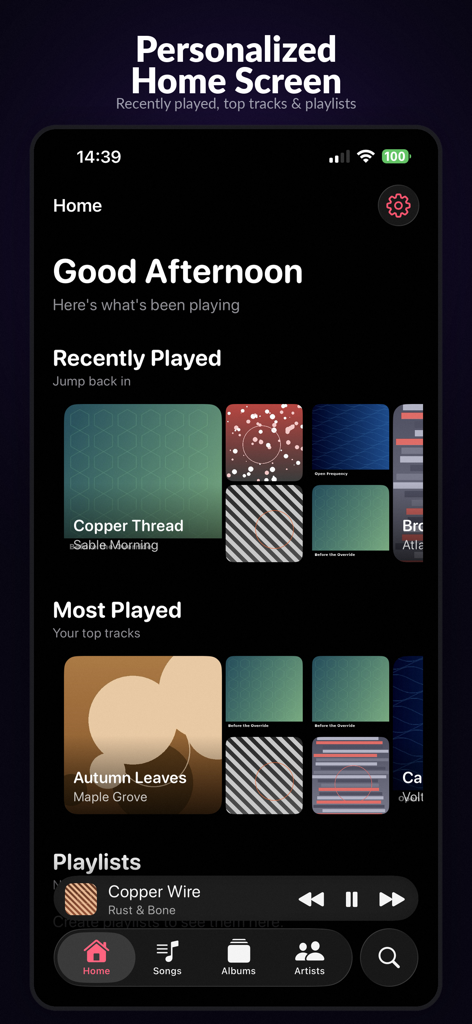 RetroMusic: MP3 & FLAC Player - Personalized home screen of the RetroMusic offline player showing recently played and most played tracks.