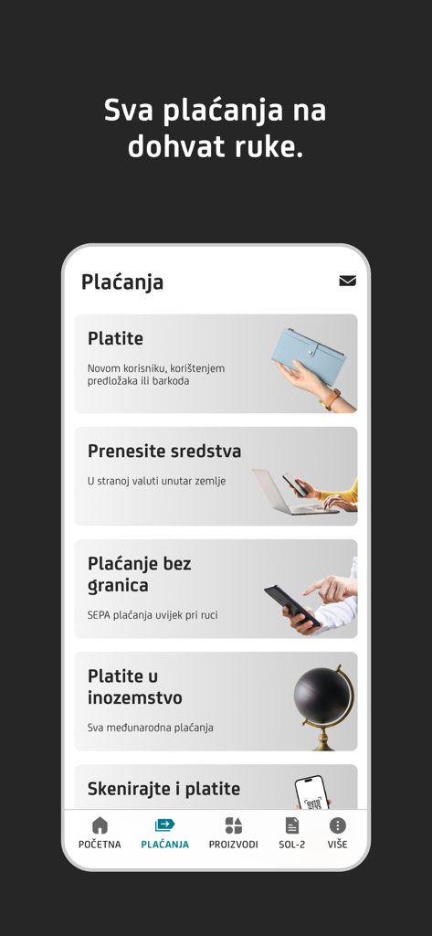 Il menu pagamenti dell'app aziendale m-zaba che mostra le opzioni per transazioni nazionali e internazionali.