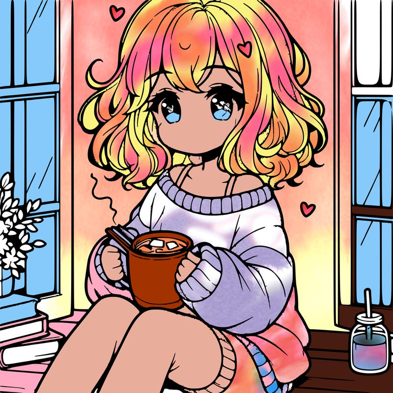 cute anime girl reading book and drinking hot chocolate from mug with loose wavy hair wearing a baggy sweatshirt and shorts sitting by windowsill looking out