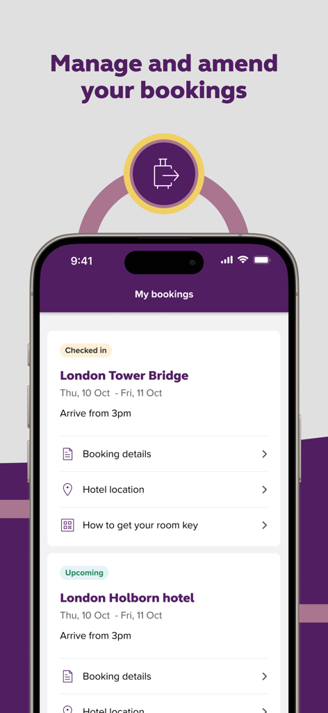 Premier Inn Hotels - Oberfläche der Premier Inn App, die aktuelle und bevorstehende Hotelbuchungen in London anzeigt