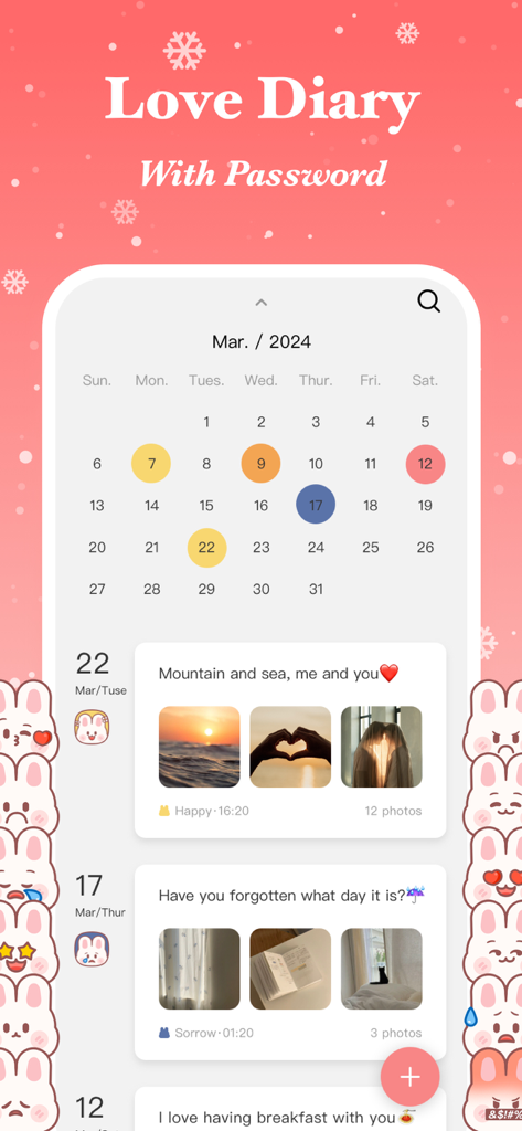 Memories: My Love Days Counter - App screen showing a Love Diary with a monthly calendar and photo journal entries.