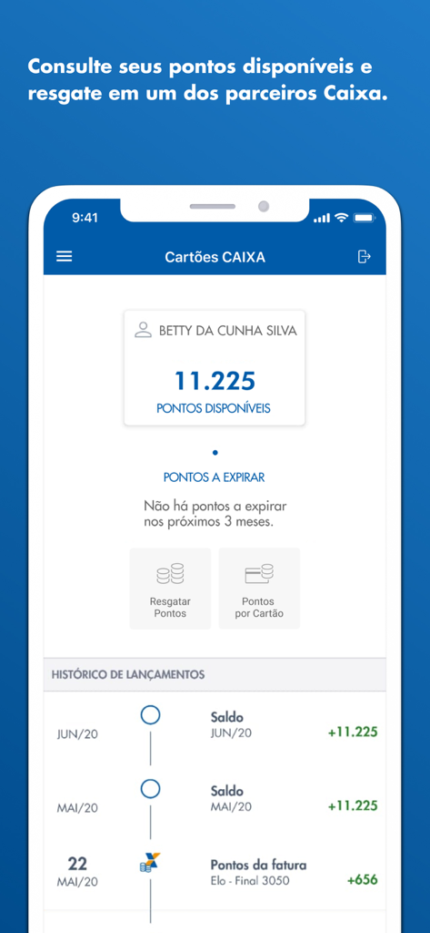 Cartões CAIXA - Mobiler Bildschirm der Cartões CAIXA App, der den Kontostand der verfügbaren Prämienpunkte und den Verlauf der Punkteaktivitäten anzeigt.
