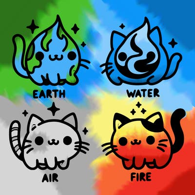 4 cats that represent the different elements, earth, water, air, and fire
