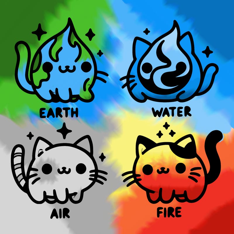 4 cats that represent the different elements, earth, water, air, and fire