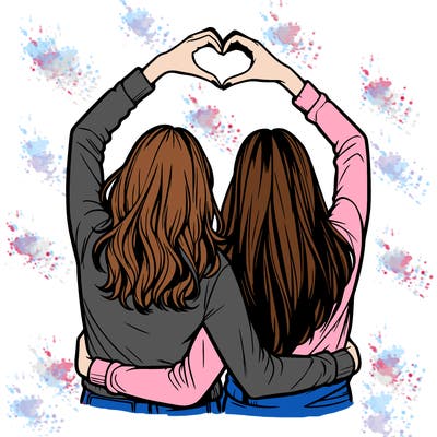 two friends with their backs turned and their hands in a heart realistic