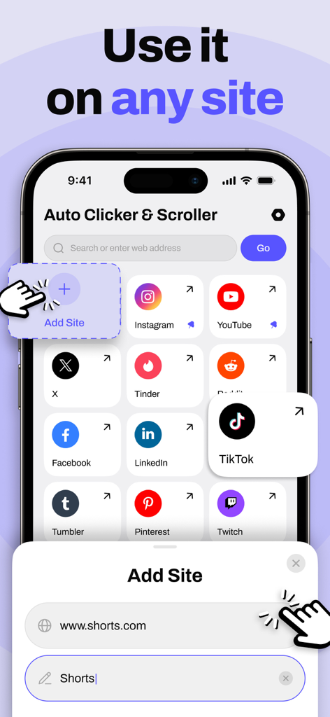 My Auto Clicker: Automatic Tap - Interface of My Auto Clicker app showing a list of supported websites for automation