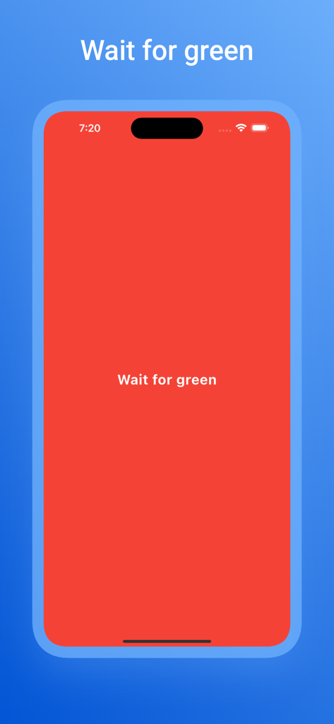赤い背景に「緑になるまで待つ」というテキストが表示された反応テスト画面