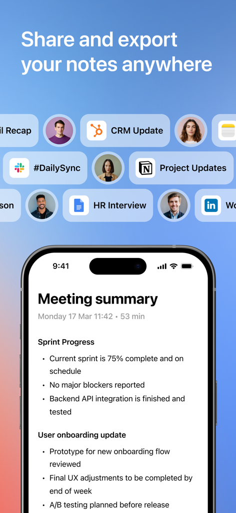 Cue - Smart AI Meeting Notes - Smartphone screen displaying an AI meeting summary with various export icons for Slack Notion and HubSpot