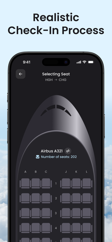 A realistic mobile app interface for selecting an airplane seat as part of a productivity session check-in