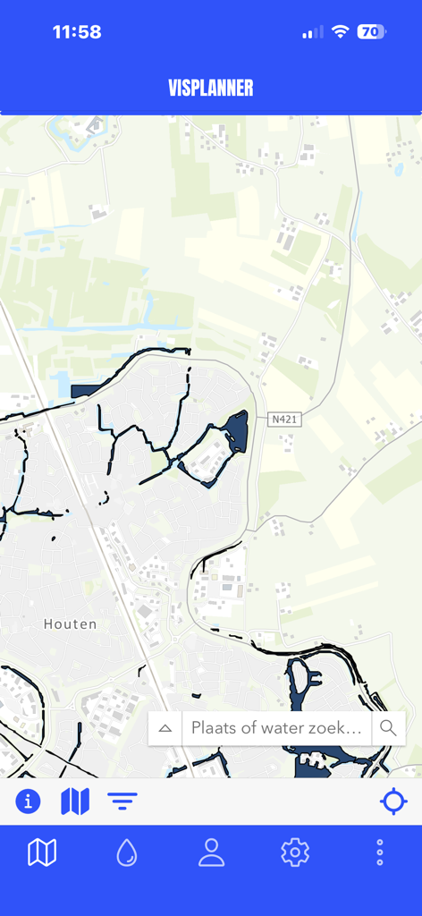 Ein Screenshot der VISplanner App, der eine Karte des Gebiets Houten mit erlaubten Angelgewässern in Blau zeigt