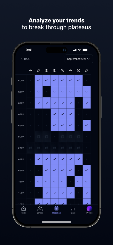Ascend - Habit Tracker - A monthly heatmap visualization in the Ascend app showing consistent habit progress and trends.