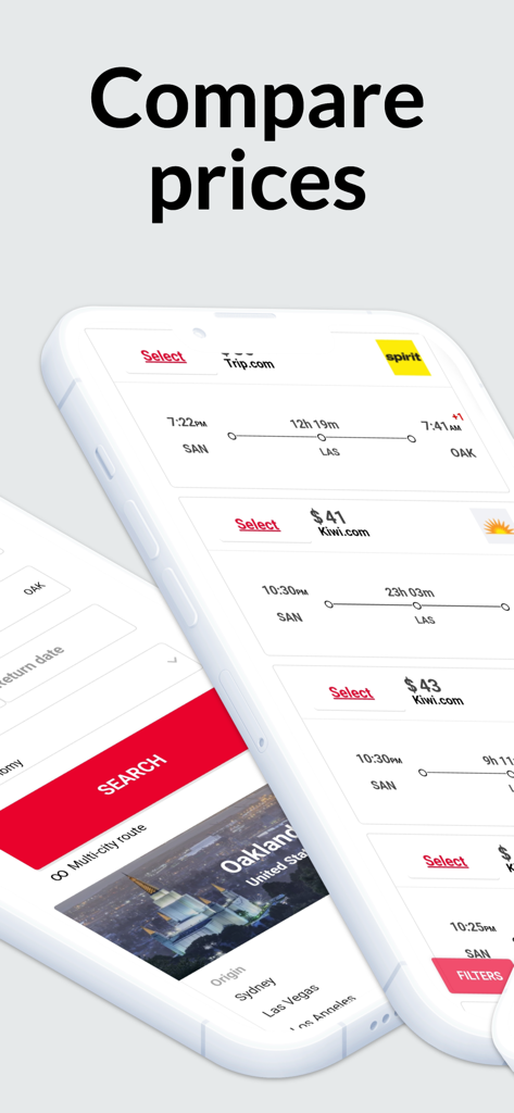 格安航空券アプリのフライト価格比較インターフェースを表示するスマートフォン画面。